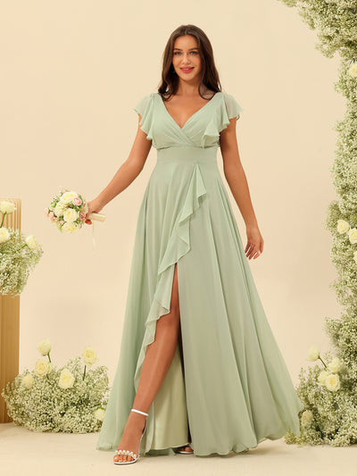 A-Line/Princess V-Neck Long Bridesmaid Dresses with Ruffles