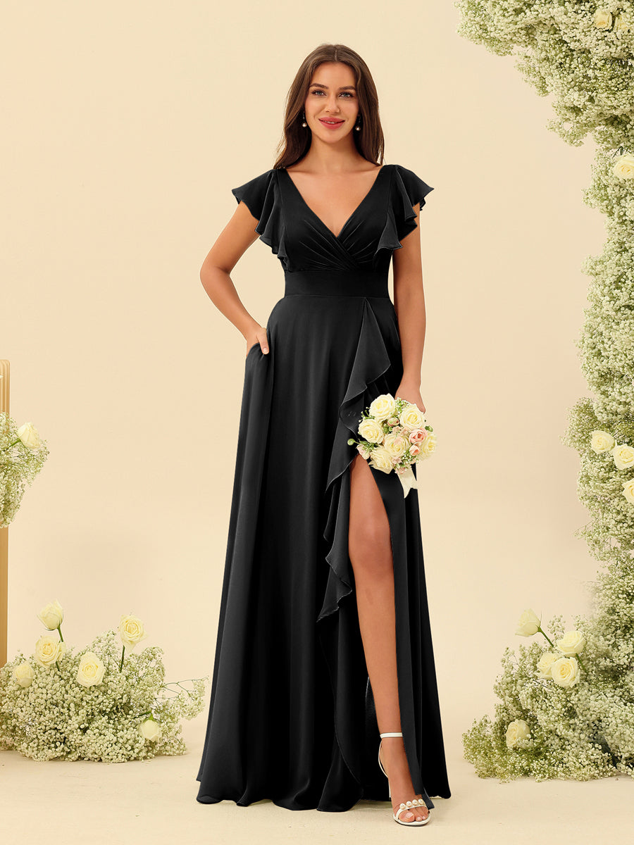 A-Line/Princess V-Neck Long Bridesmaid Dresses with Ruffles