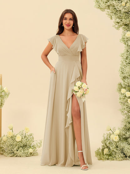 A-Line/Princess V-Neck Long Bridesmaid Dresses with Ruffles