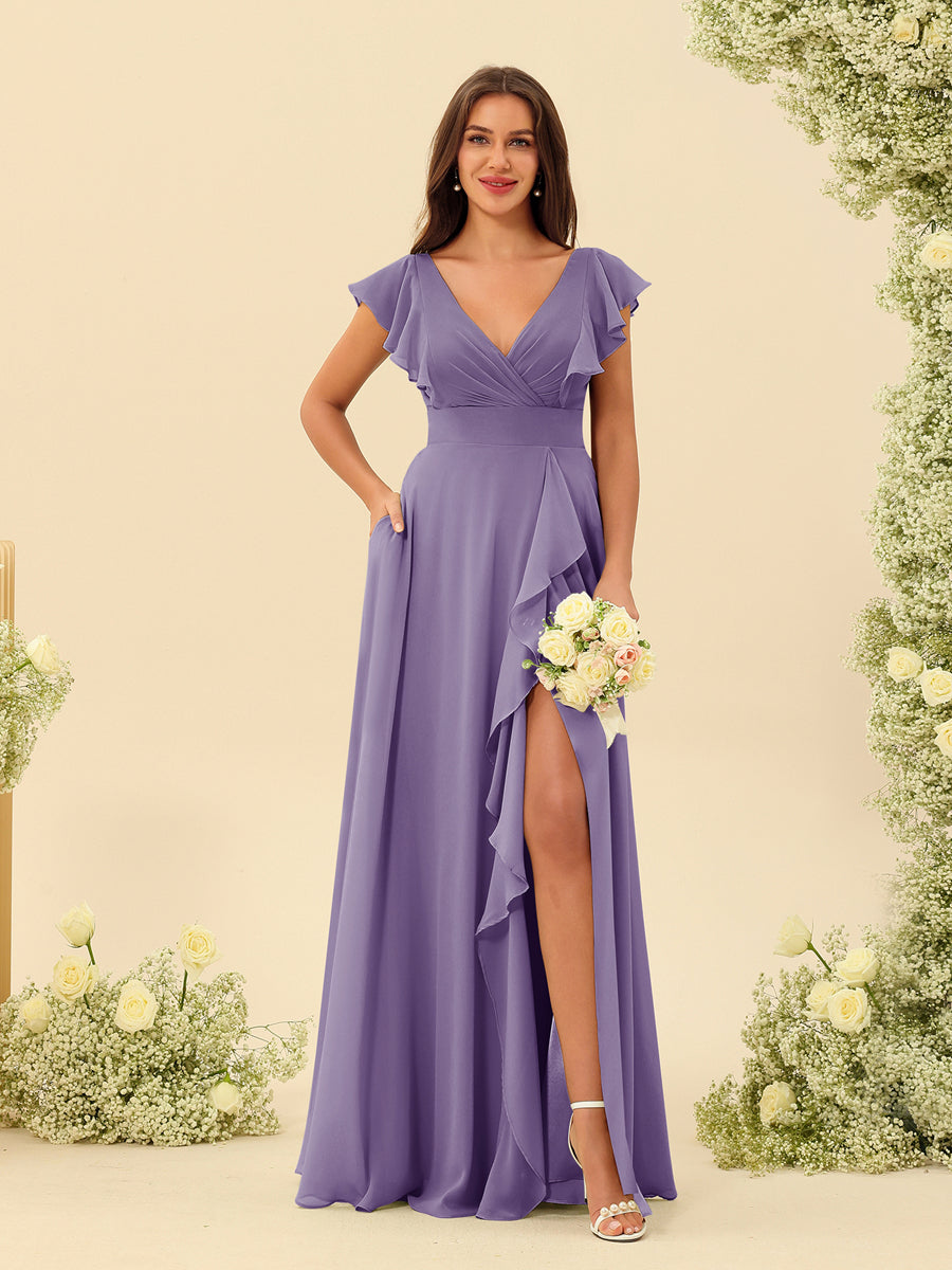 A-Line/Princess V-Neck Long Bridesmaid Dresses with Ruffles