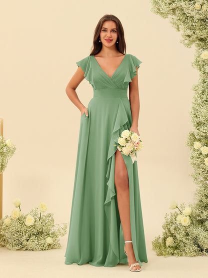 A-Line/Princess V-Neck Long Bridesmaid Dresses with Ruffles