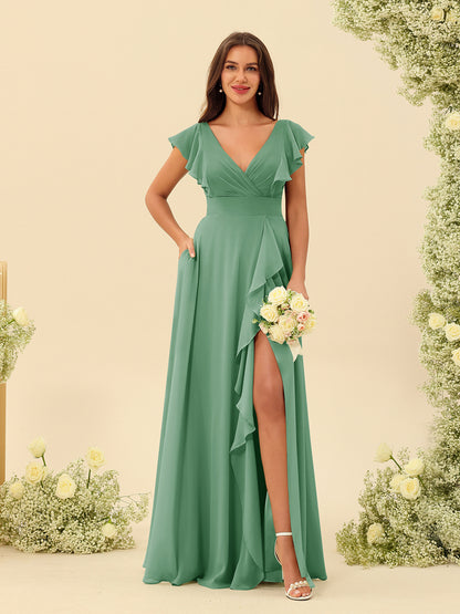 A-Line/Princess V-Neck Long Bridesmaid Dresses with Ruffles