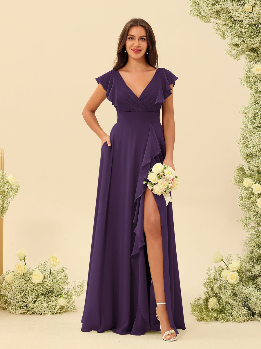 A-Line/Princess V-Neck Long Bridesmaid Dresses with Ruffles