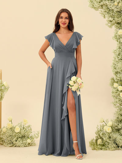 A-Line/Princess V-Neck Long Bridesmaid Dresses with Ruffles