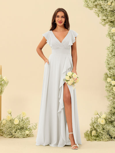 A-Line/Princess V-Neck Long Bridesmaid Dresses with Ruffles