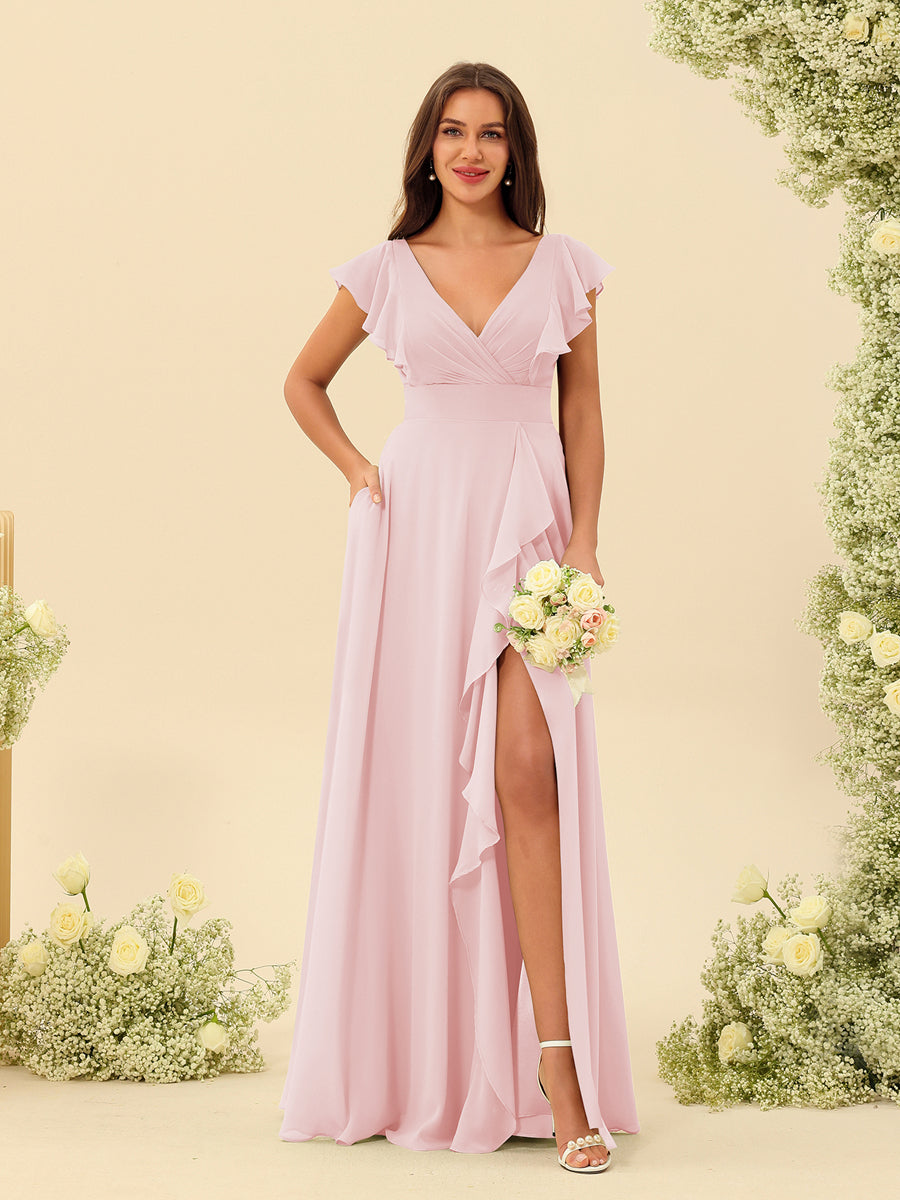 A-Line/Princess V-Neck Long Bridesmaid Dresses with Ruffles