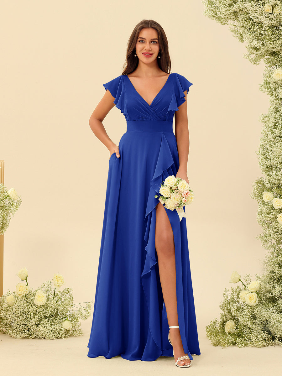 A-Line/Princess V-Neck Long Bridesmaid Dresses with Ruffles