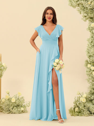 A-Line/Princess V-Neck Long Bridesmaid Dresses with Ruffles