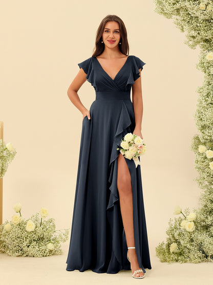 A-Line/Princess V-Neck Long Bridesmaid Dresses with Ruffles