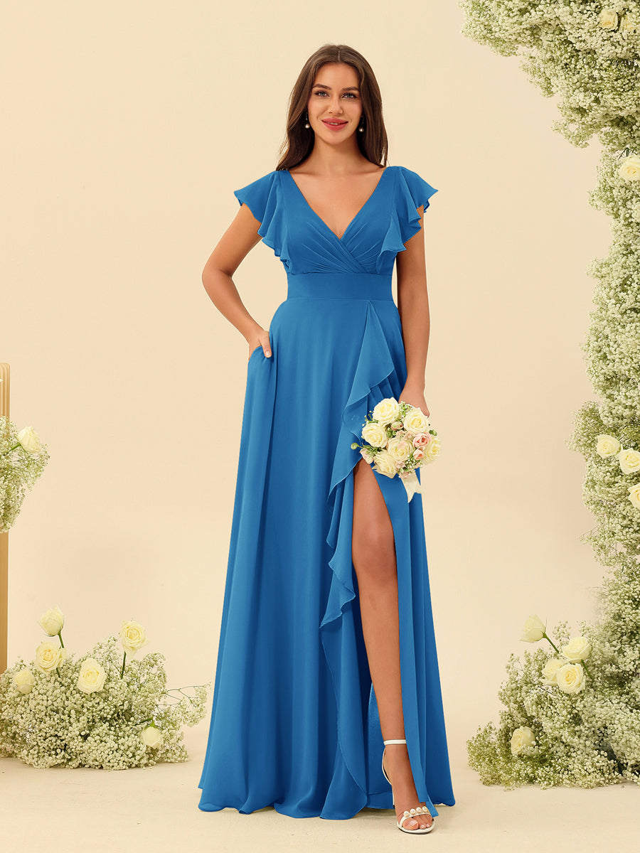 A-Line/Princess V-Neck Long Bridesmaid Dresses with Ruffles