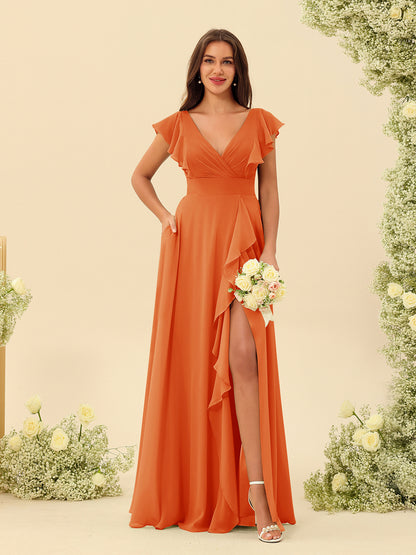 A-Line/Princess V-Neck Long Bridesmaid Dresses with Ruffles