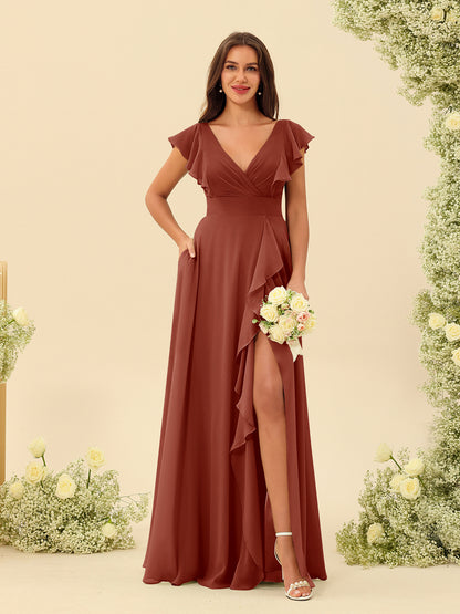 A-Line/Princess V-Neck Long Bridesmaid Dresses with Ruffles