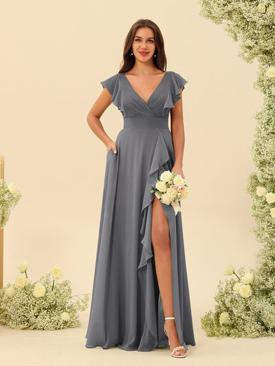 A-Line/Princess V-Neck Long Bridesmaid Dresses with Ruffles