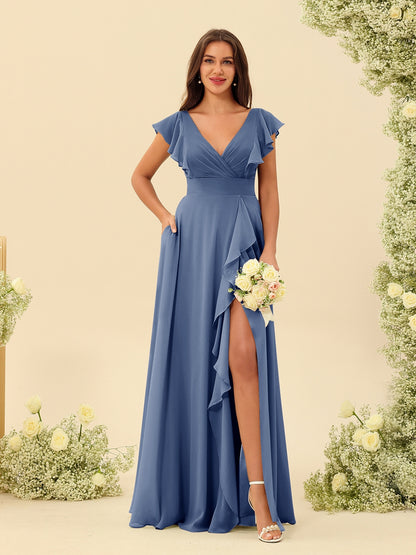 A-Line/Princess V-Neck Long Bridesmaid Dresses with Ruffles