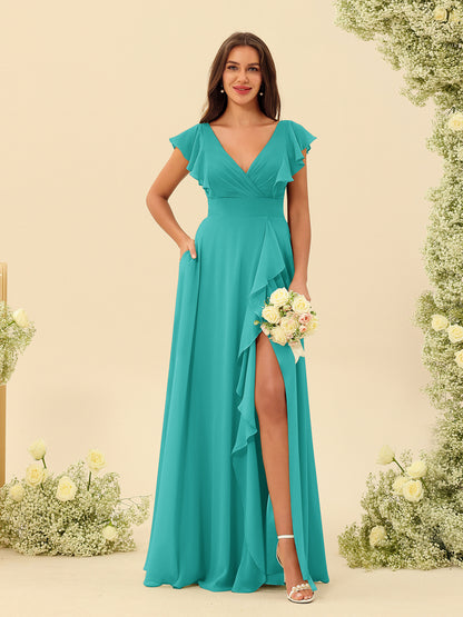 A-Line/Princess V-Neck Long Bridesmaid Dresses with Ruffles