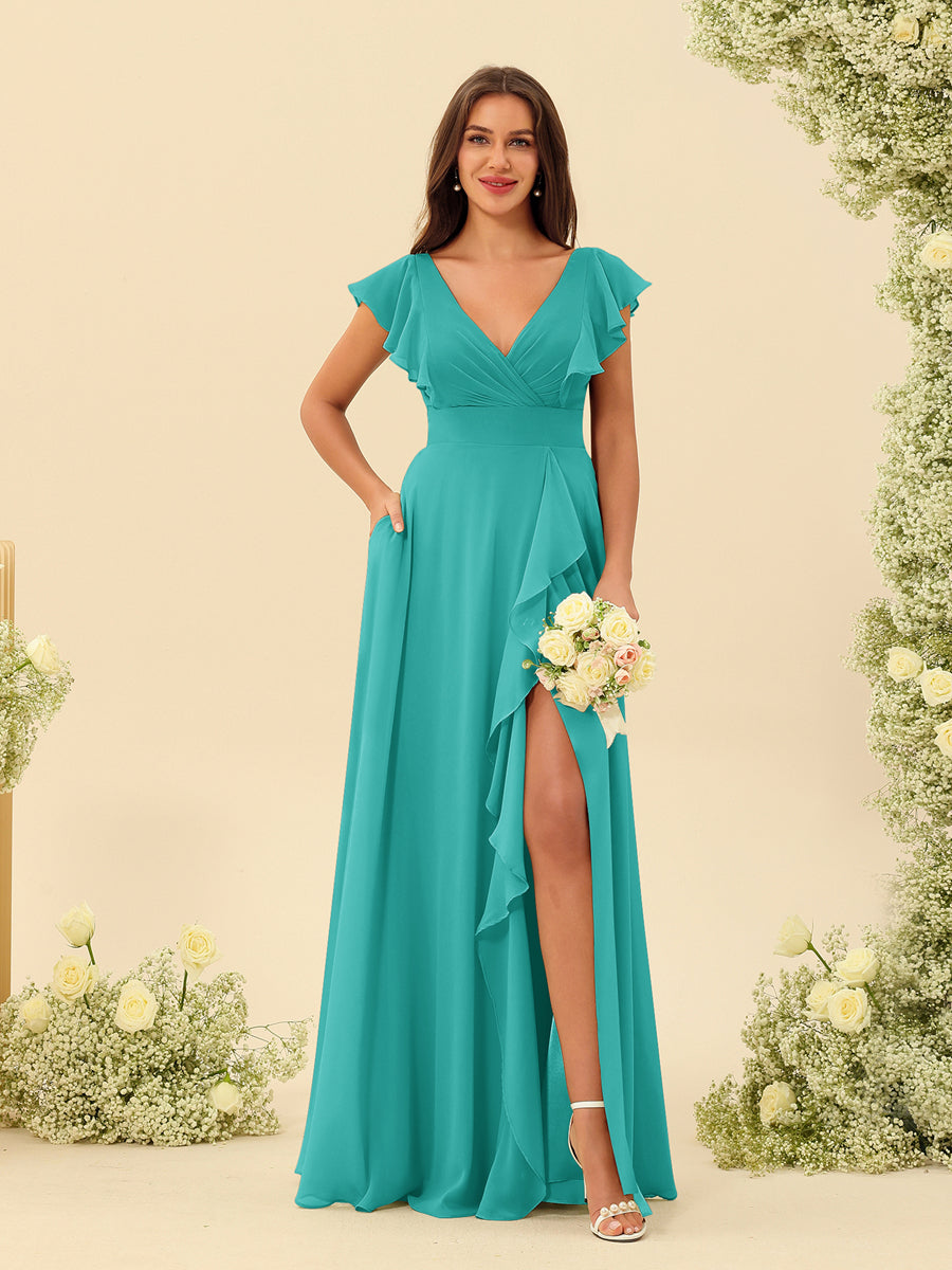 A-Line/Princess V-Neck Long Bridesmaid Dresses with Ruffles