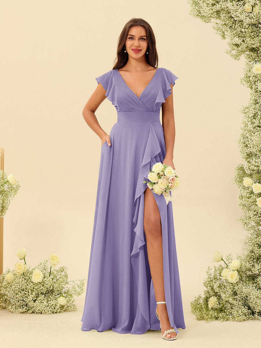 A-Line/Princess V-Neck Long Bridesmaid Dresses with Ruffles