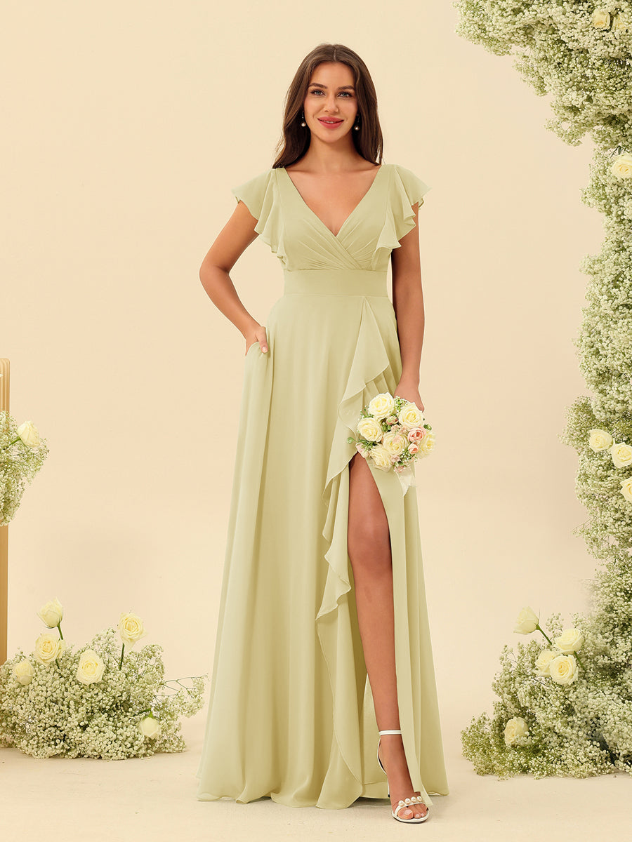 A-Line/Princess V-Neck Long Bridesmaid Dresses with Ruffles