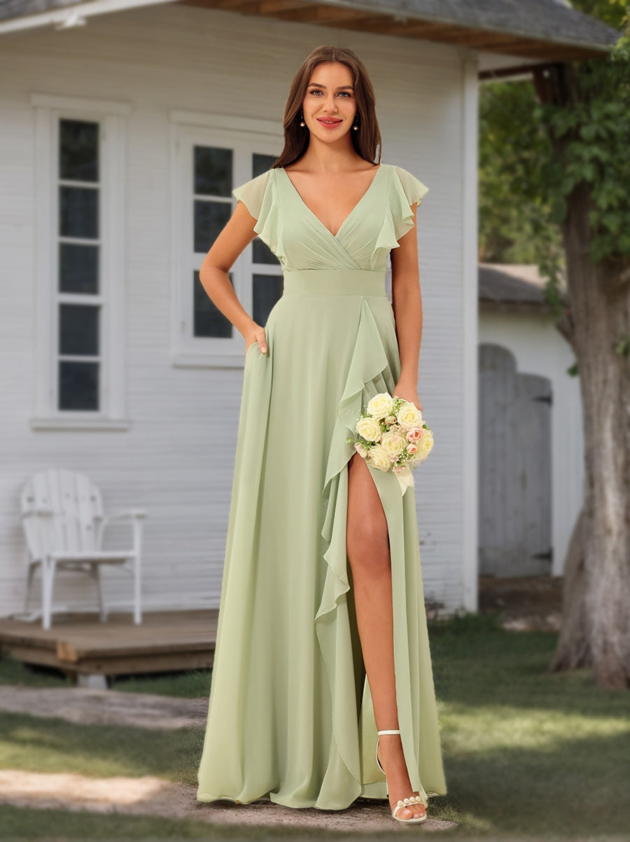 A-Line/Princess Chiffon V-Neck Long Bridesmaid Dresses with Ruffles