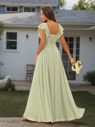 A-Line/Princess Chiffon V-Neck Long Bridesmaid Dresses with Ruffles