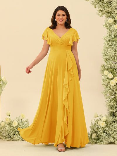 A-Line/Princess V-Neck Plus Size Bridesmaid Dresses with Ruffles