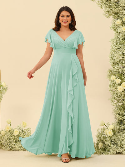 A-Line/Princess V-Neck Plus Size Bridesmaid Dresses with Ruffles