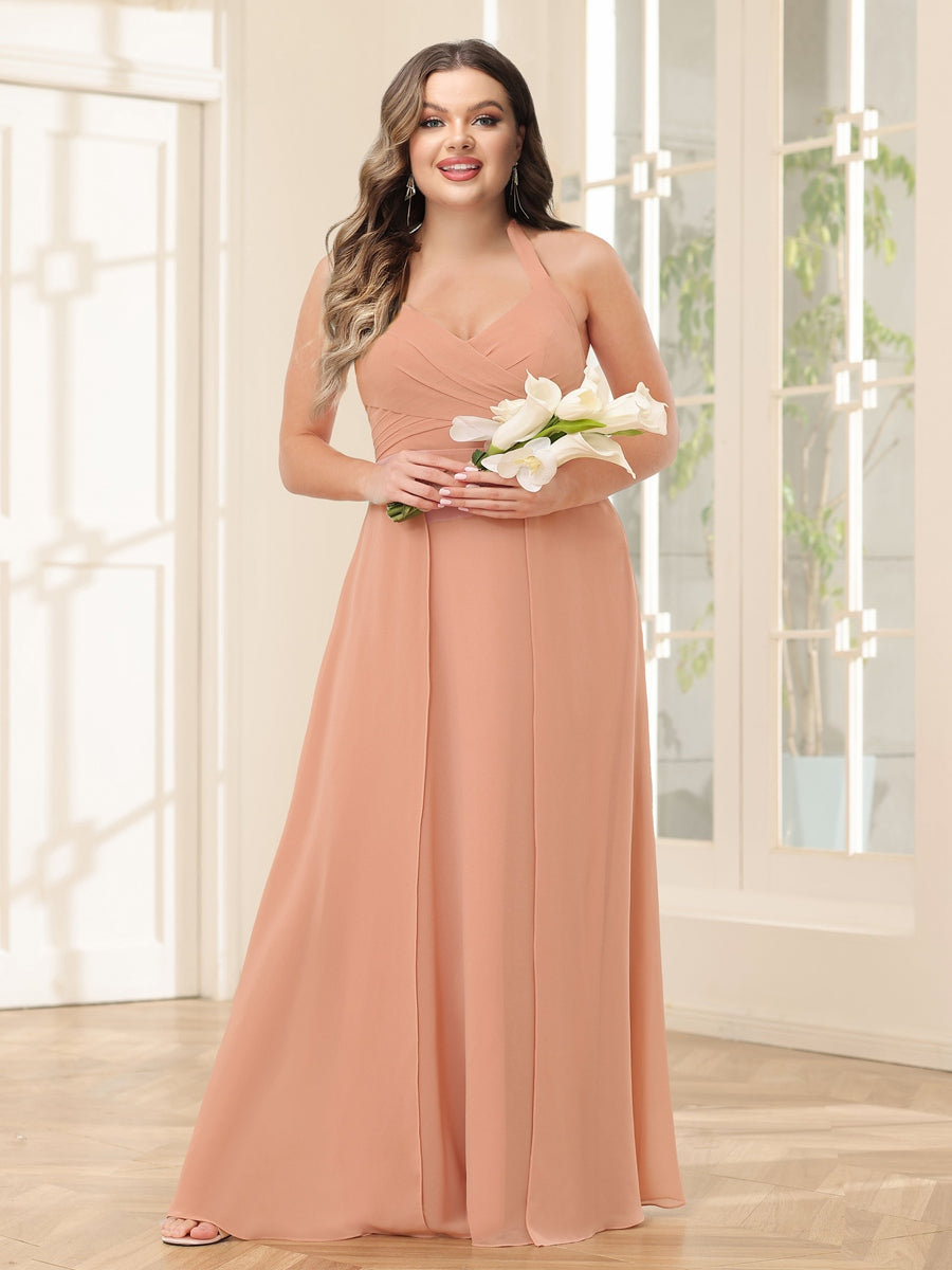 A-Line/Princess Halter Long Plus Size Bridesmaid Dresses with Split Side