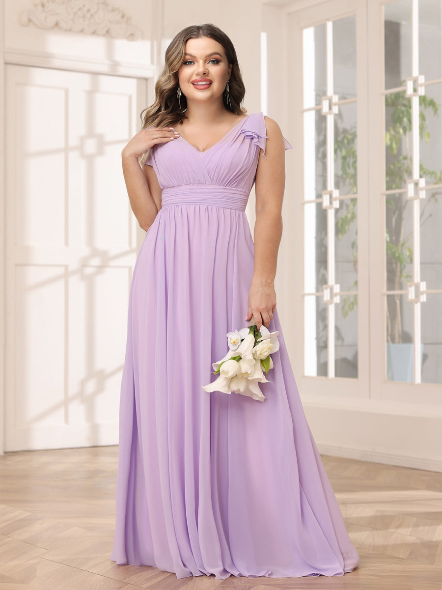 A-Line/Princess V-Neck Long Plus Size Bridesmaid Dresses with Ruffles