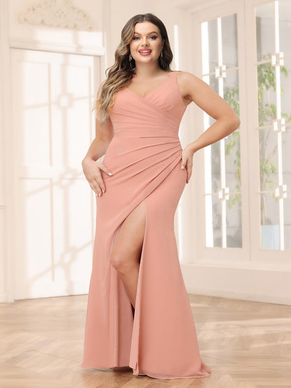 Sheath/Column V-Neck Long Plus Size Bridesmaid Dresses with Split Side