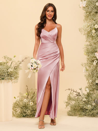 Sheath/Column V-Neck Long Formal Dresses with Split Side & Ruched