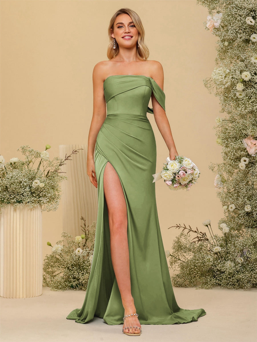 Sheath/Column Off-the-Shoulder Long Formal Dresses with Split Side