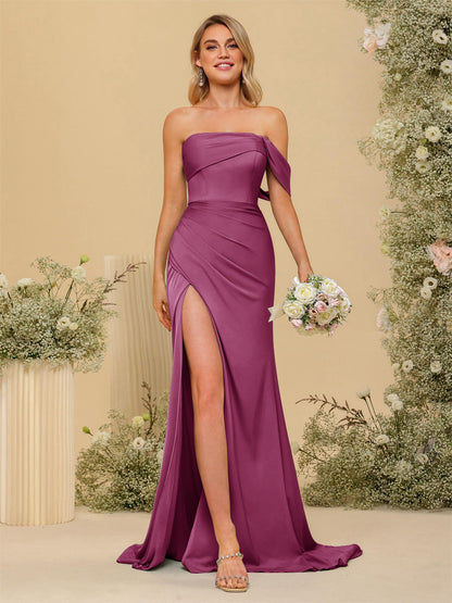 Sheath/Column Off-the-Shoulder Long Formal Dresses with Split Side