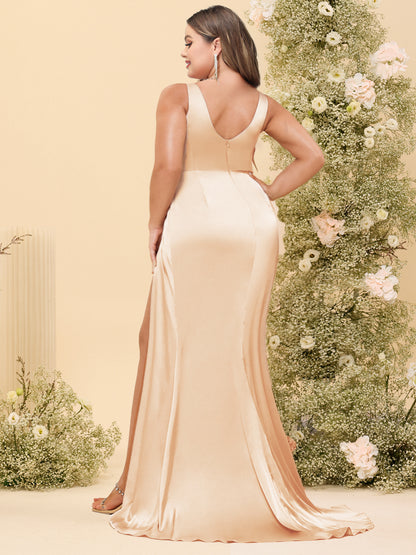 Sheath/Column V-Neck Long Formal Plus Size Dresses with Split Side & Ruched