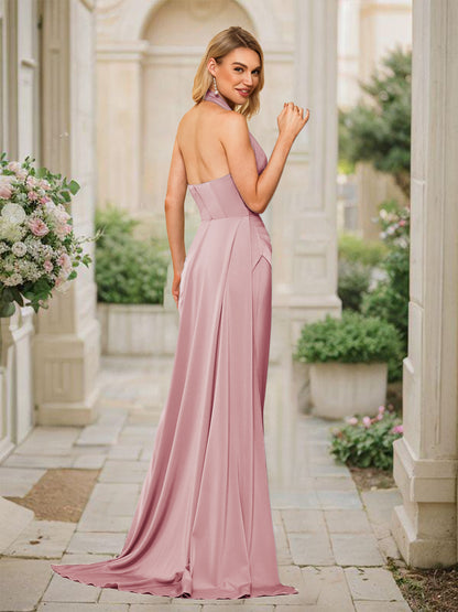 Sheath/Column Halter V-Neck Long Formal Dresses with Split Side & Ruched