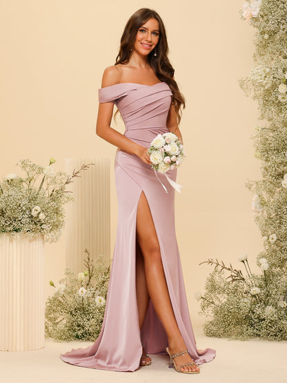 Sheath/Column Off-the-Shoulder Long Formal Dresses with Split Side & Ruched