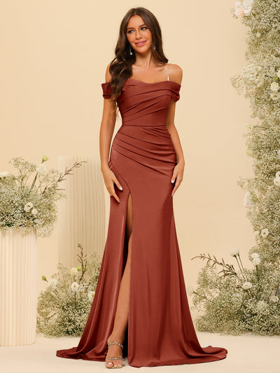 Sheath/Column Off-the-Shoulder Long Formal Dresses with Split Side & Ruched