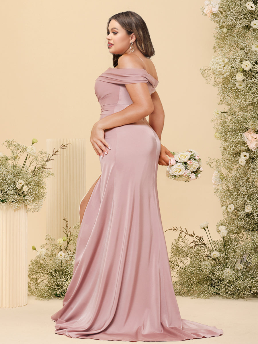 Sheath/Column Off-the-Shoulder Long Formal Plus Size Dresses with Split Side & Ruched