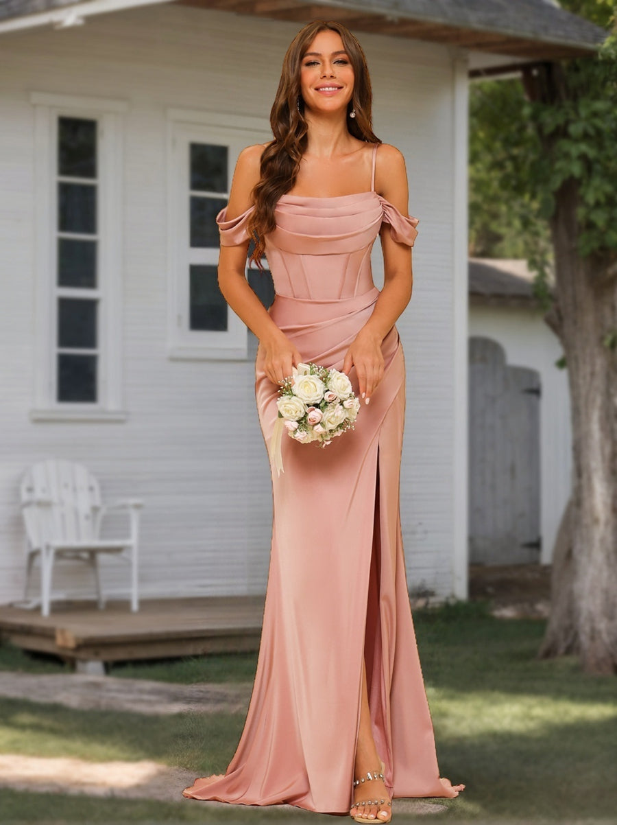 Sheath/Column Off-the-Shoulder Spaghetti Straps Floor-Length Formal Dresses with Split Side