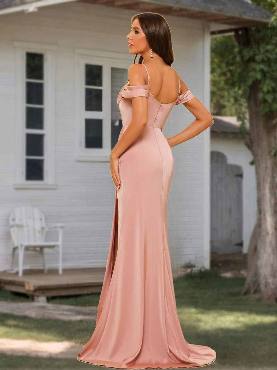 Sheath/Column Off-the-Shoulder Spaghetti Straps Floor-Length Formal Dresses with Split Side