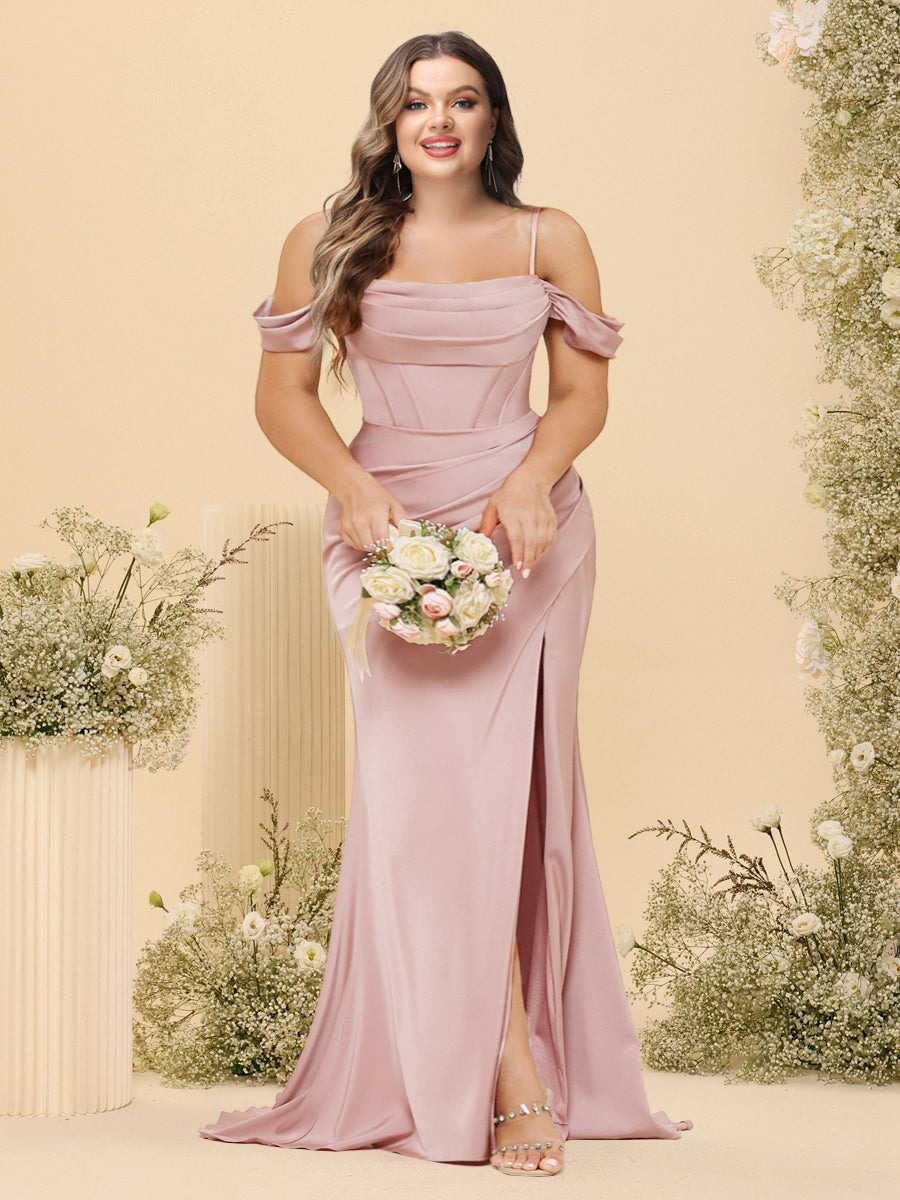 Sheath/Column Off-the-Shoulder Spaghetti Straps Long Formal Plus Size Dresses with Split Side