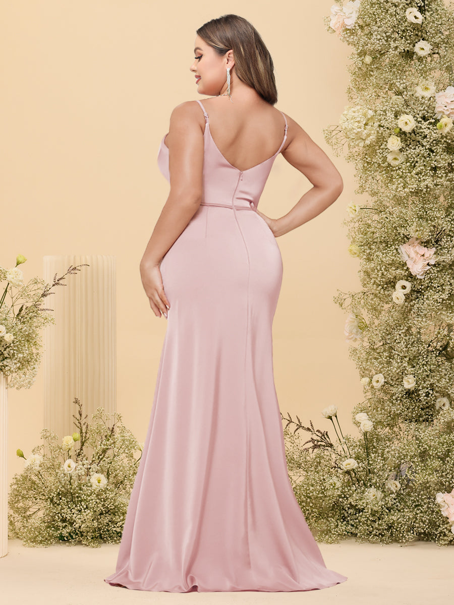 Sheath/Column Spaghetti Straps Long Formal Plus Size Dresses with Split Side & Ruched