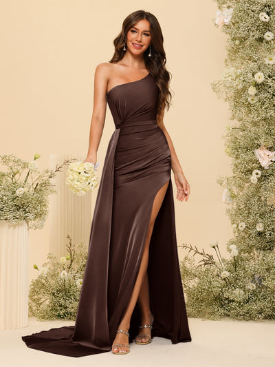 Sheath/Column One-Shoulder Long Formal Dresses with Split Side & Ruched