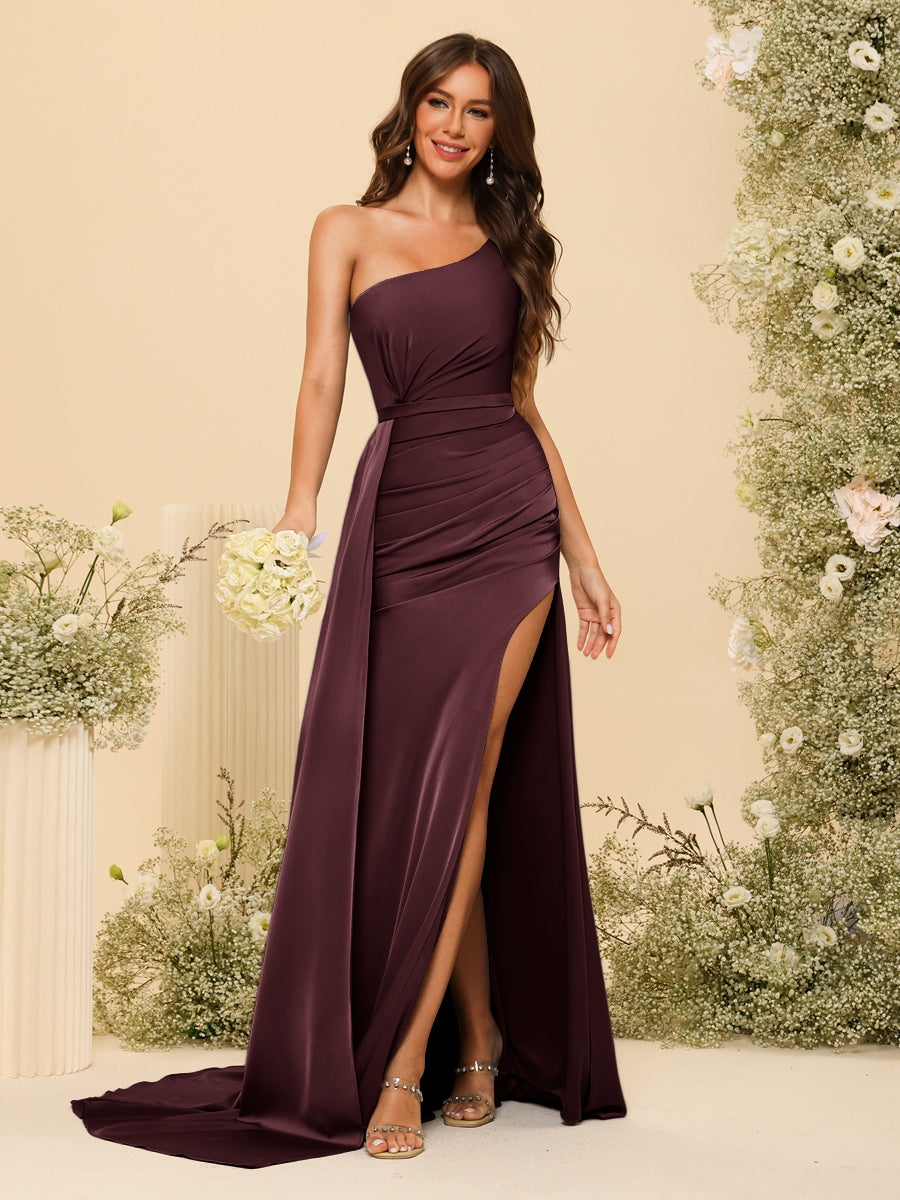 Sheath/Column One-Shoulder Long Formal Dresses with Split Side & Ruched