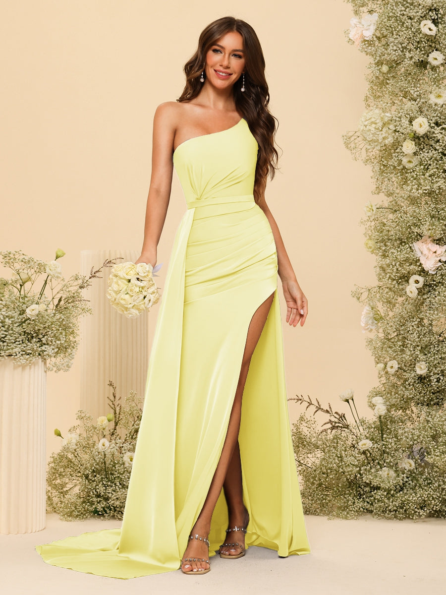 Sheath/Column One-Shoulder Long Formal Dresses with Split Side & Ruched