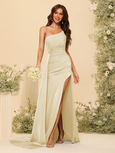 Sheath/Column One-Shoulder Long Formal Dresses with Split Side & Ruched