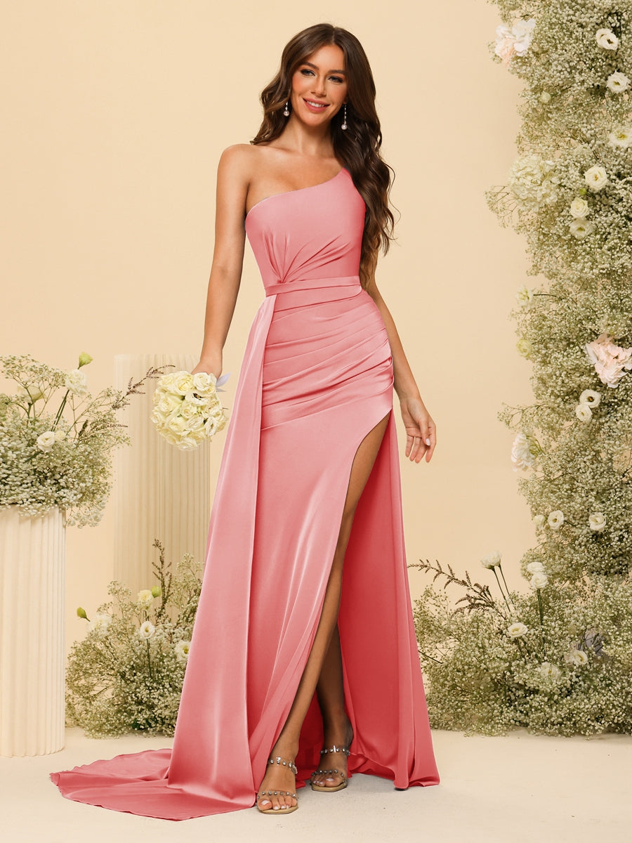 Sheath/Column One-Shoulder Long Formal Dresses with Split Side & Ruched