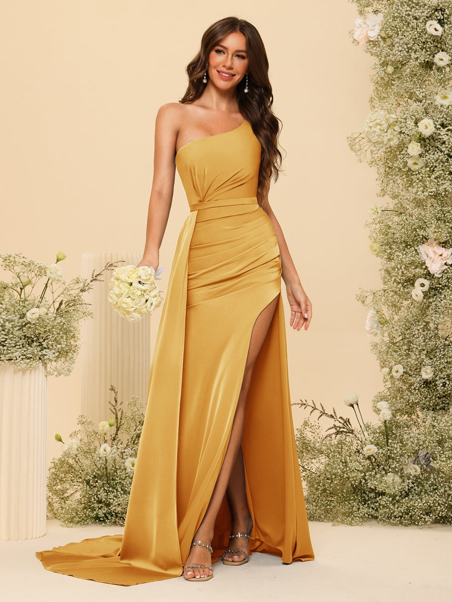 Sheath/Column One-Shoulder Long Formal Dresses with Split Side & Ruched