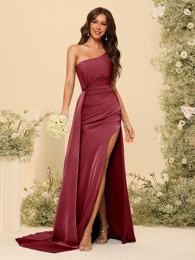 Sheath/Column One-Shoulder Long Formal Dresses with Split Side & Ruched