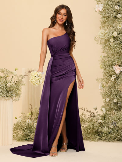 Sheath/Column One-Shoulder Long Formal Dresses with Split Side & Ruched