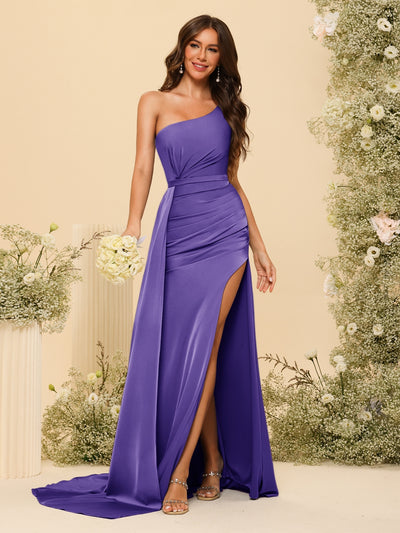 Sheath/Column One-Shoulder Long Formal Dresses with Split Side & Ruched